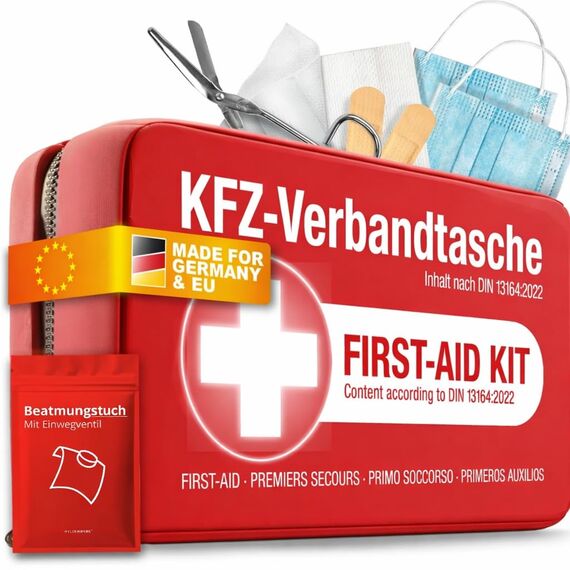 KFZ Verbandstasche nach aktueller Norm 2026 inkl. Beatmungstuch - Auto Verbandskasten europaweit nutzbar - Erste Hilfe Set neue Norm DIN 13164:2022 (StVO konform)