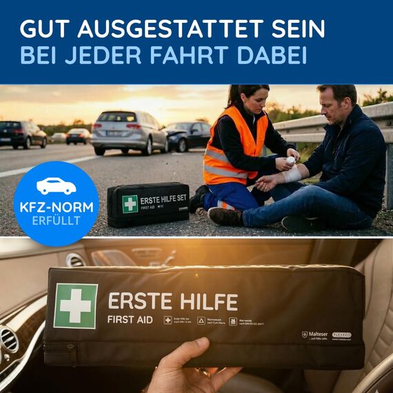 KFZ-Verbandtasche inkl. Warndreieck und Warnweste nach aktueller DIN 13164:2022 | Gültig für 2026 | Verbandkasten/Erste Hilfe Set für PKW/Auto/Motorrad (KFZ-Verbandtasche einfach + lang)
