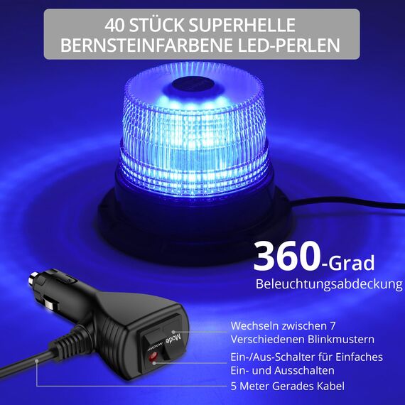 Justech 40 LEDs Rundumleuchte 360° Blau Warnleuchte Blitzleuchte 7 modus mit 5m Netzkabel Doppelter Schraube 12V / 24V Warnlicht mit Magnetfuß Notfallblinklampe Magnet Blau Licht für Auto LKW Anhänger