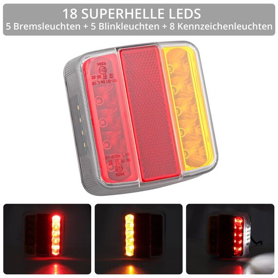 Justech 2PCS 18 LEDs Anhänger-Rücklichter mit 7,5 m Kabel und 7-poligem Stecker, 12V 3 Funktionen IP65 Rücklichtbirne Bremslichter Kennzeichenleuchten für LKW, Anhänger, Wohnwagen E11