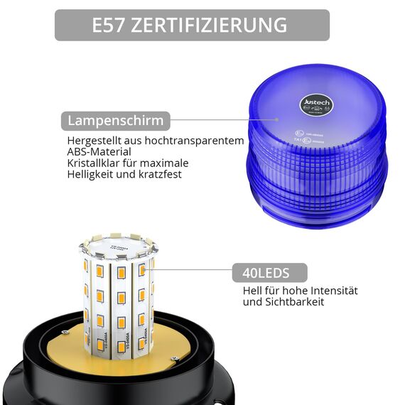 Justech 40 LEDs Rundumleuchte 360° Blau Warnleuchte Blitzleuchte 7 modus mit 5m Netzkabel Doppelter Schraube 12V / 24V Warnlicht mit Magnetfuß Notfallblinklampe Magnet Blau Licht für Auto LKW Anhänger