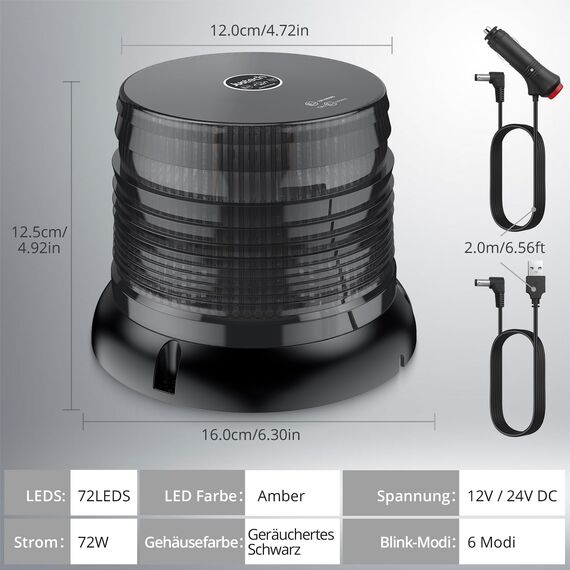 Justech Rundumleuchte 72LED Blitzleuchte Warnblinklicht Dreh-Stroboskop Licht Kabellose 6 Blitzmodi Warnleuchte mit Fernbedienung mit E57 IP65 Warnblinkleuchte Magnetfuß für 12V/24V LKW usw