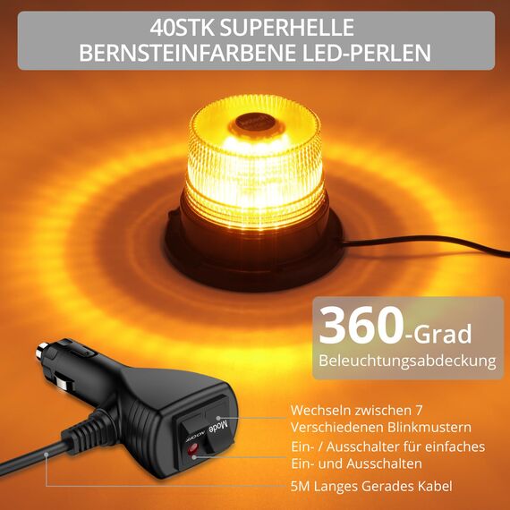 Justech 40 LEDs Warnleuchte Rundumleuchte 360° Gelb Blitzleuchte 7 modus mit 5m Netzkabel Doppelter Schraube 12V / 24V Warnlicht mit Magnetfuß Notfallblinklampe Magnet Transparent für Auto LKW usw