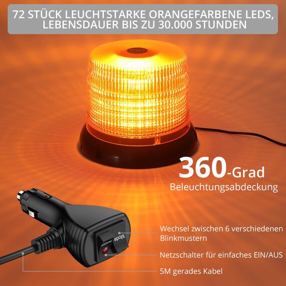Justech 72LED Warnleuchten Notbeleuchtung Rundumleuchte 16x16x12.5cm Blitzleuchte 6 Blitzmuster mit 5m Netzkabel 12/24V Amber Notfallblinklampe Magnetfuß mit E57 Zulassung und Zigarettenanzünde
