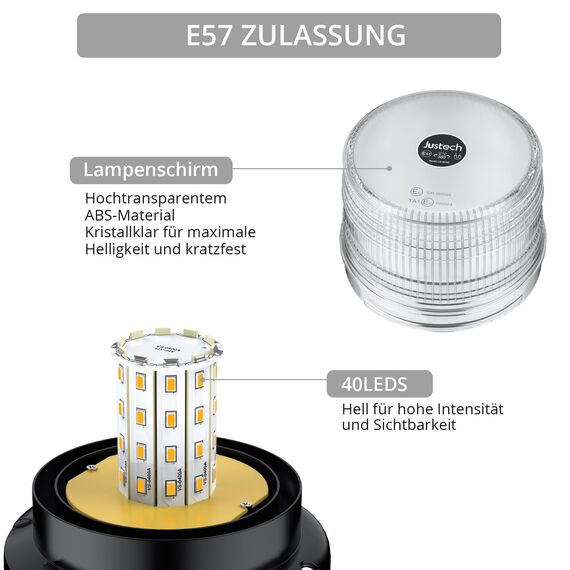 Justech 40 LEDs Warnleuchte Rundumleuchte 360° Gelb Blitzleuchte 7 modus mit 5m Netzkabel Doppelter Schraube 12V / 24V Warnlicht mit Magnetfuß Notfallblinklampe Magnet Transparent für Auto LKW usw