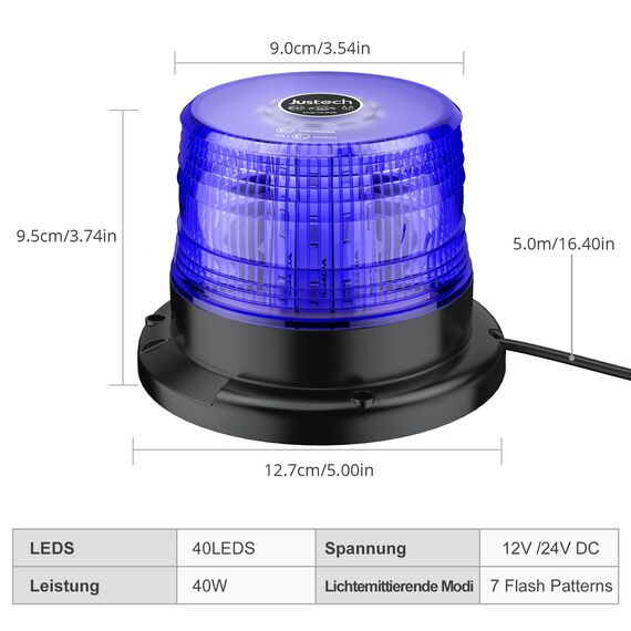 Justech 40 LEDs Rundumleuchte 360° Blau Warnleuchte Blitzleuchte 7 modus mit 5m Netzkabel Doppelter Schraube 12V / 24V Warnlicht mit Magnetfuß Notfallblinklampe Magnet Blau Licht für Auto LKW Anhänger