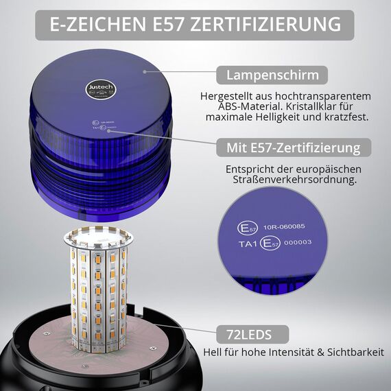Justech 72LED Warnleuchten Notbeleuchtung Blau Rundumleuchte 16x16x12.5cm Blitzleuchte 6 Blitzmuster mit Zigarettenanzünde + 5m Netzkabel 12/24V Notfallblinklampe Magnetfuß mit E57 Zulassung