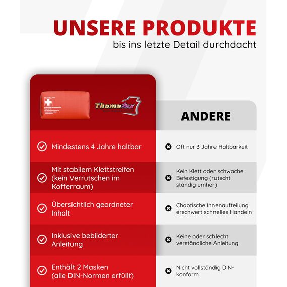 Thomatex® KFZ Verbandstasche 2026/2027 [DIN 13164-2022] – Kompakter Verbandskasten – Lange Haltbarkeit – Erste-Hilfe-Set, StVO-konform – Rot