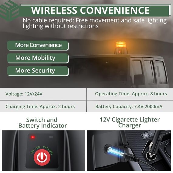 EYPINS Rundumleuchte akku, 12 Blitzmuster Warnleuchte 72 Led Orange Warnlicht Magnet Blinkleuchte Strobe Beacon Light 12V/24V mit Autoladekabel ür Auto LKW KFZ Truck Traktor Lieferwagen| E9 IP65