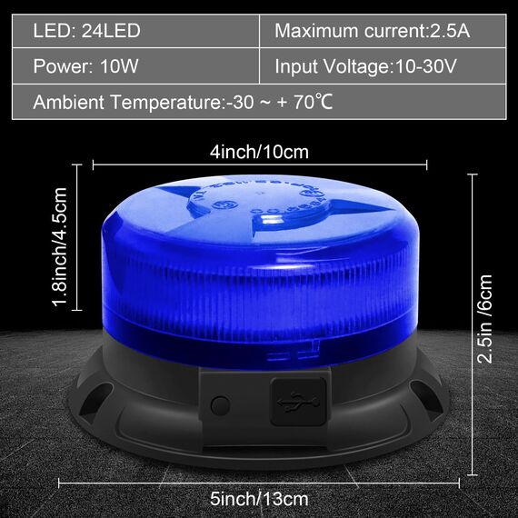 Dinfu Blaulicht akku LED Rundumleuchte blau batterie Blitzleuchten Magnetfuß 9 Blinkend Leuchtmodi mit Kfz-Ladekabel und USB-Kabel für Polizei Auto Pkw LKW UTV