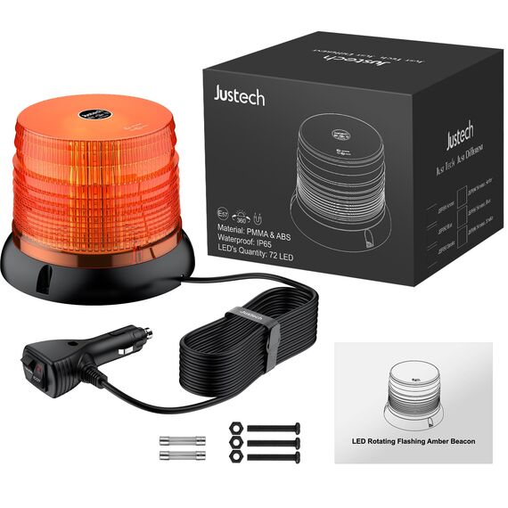 Justech 72LED Warnleuchten Notbeleuchtung Rundumleuchte 16x16x12.5cm Blitzleuchte 6 Blitzmuster mit 5m Netzkabel 12/24V Amber Notfallblinklampe Magnetfuß mit E57 Zulassung und Zigarettenanzünde