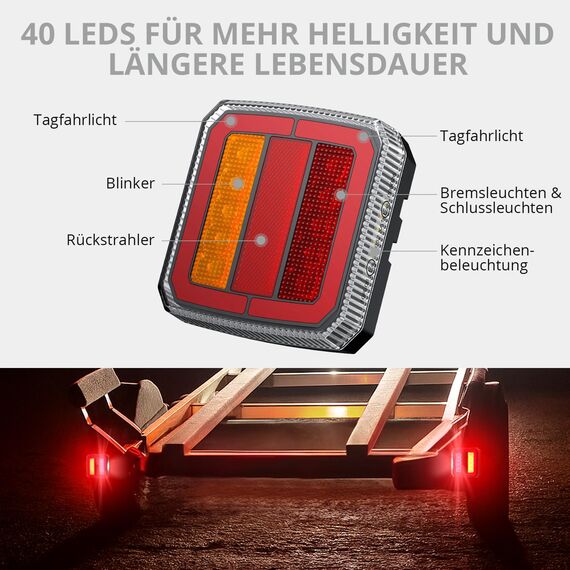 Justech 2er 40LEDs Anhänger Rückleuchten mit 7,35m Kabel und 7-Pol-Stecker 12V Rückfahrleuchten Rücklicht mit 4 Funktionen, IP65 Kennzeichenleuchte Bremsleuchte für Anhänger LKW Wohnwagen E-Zeichen