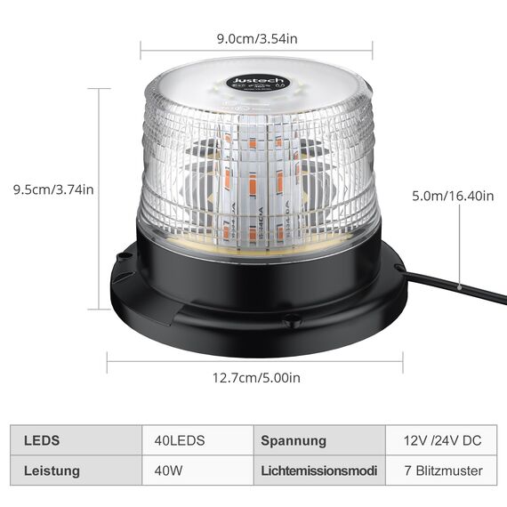 Justech 40 LEDs Warnleuchte Rundumleuchte 360° Gelb Blitzleuchte 7 modus mit 5m Netzkabel Doppelter Schraube 12V / 24V Warnlicht mit Magnetfuß Notfallblinklampe Magnet Transparent für Auto LKW usw