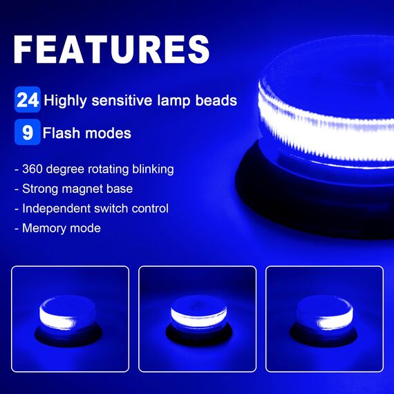 Dinfu Blaulicht akku LED Rundumleuchte blau batterie Blitzleuchten Magnetfuß 9 Blinkend Leuchtmodi mit Kfz-Ladekabel und USB-Kabel für Polizei Auto Pkw LKW UTV