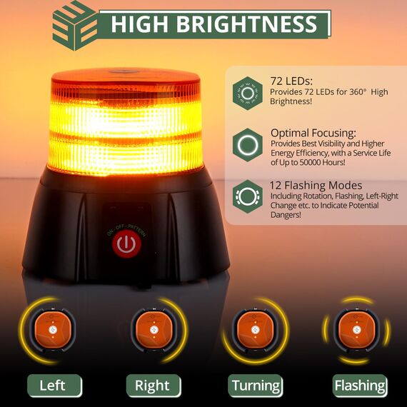 EYPINS Rundumleuchte akku, 12 Blitzmuster Warnleuchte 72 Led Orange Warnlicht Magnet Blinkleuchte Strobe Beacon Light 12V/24V mit Autoladekabel ür Auto LKW KFZ Truck Traktor Lieferwagen| E9 IP65