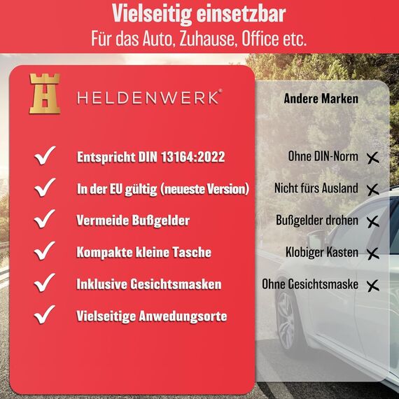 HELDENWERK KFZ Verbandstasche nach aktueller Norm 2026 - Europaweit Nutzbar - Erste Hilfe Set Auto Verbandskasten DIN 13164:2022 (StVO konform)