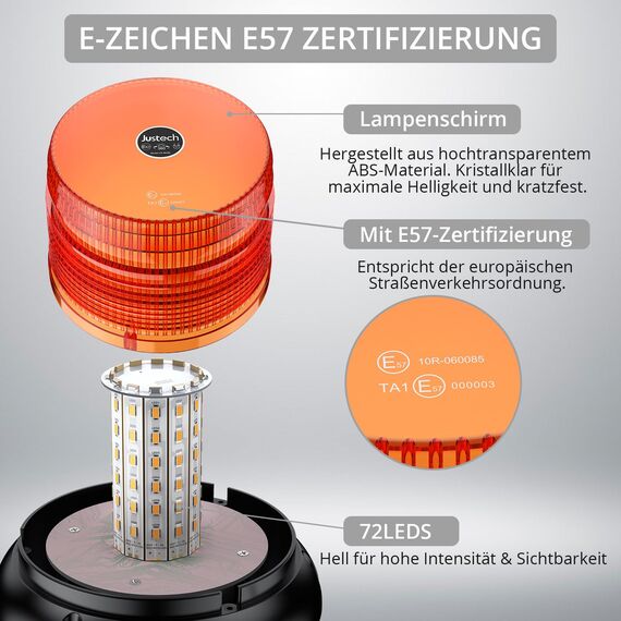 Justech 72LED Warnleuchten Notbeleuchtung Rundumleuchte 16x16x12.5cm Blitzleuchte 6 Blitzmuster mit 5m Netzkabel 12/24V Amber Notfallblinklampe Magnetfuß mit E57 Zulassung und Zigarettenanzünde