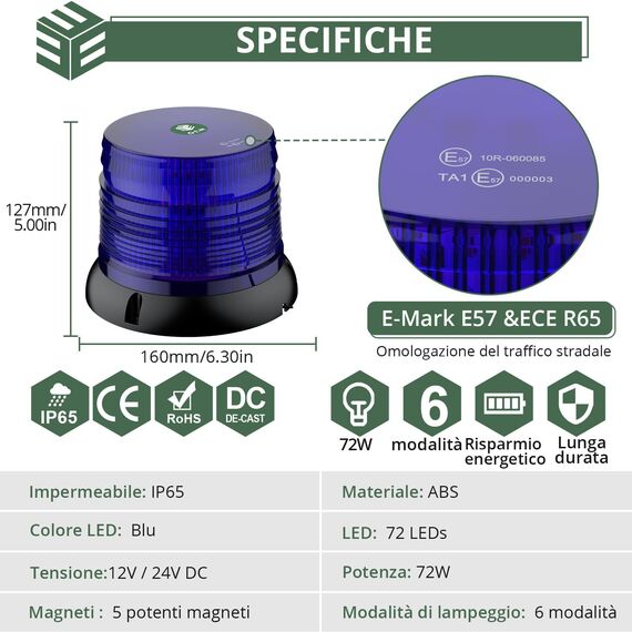 EYPINS Rundumleuchte 12V 24V 72 LED-Warnleuchte Auto, Blau Rundumleuchte Magnet 6 Blitzmuster Blinklicht Auto, 5M Kabel Warnlicht Blinkleuchte Strobe Beacon Light für Truck KFZ LKW Traktor SUV