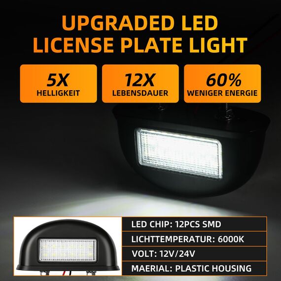 AOHEWEI 2 x LED-Kennzeichenbeleuchtung, Rücklicht für das hintere Kennzeichen, 12/24 V, wasserdicht, ideal für PKW, Anhänger, LKW oder Boote