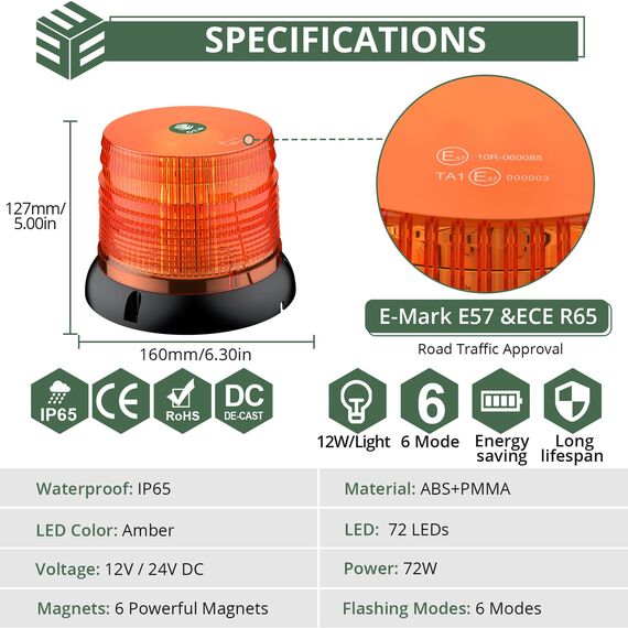 EYPINS Rundumleuchte 12V 24V 72 LED-Warnleuchte Auto, Gelb Rundumleuchte Magnet 6 Blitzmuster Blinklicht Auto, 5M Kabel Warnlicht Blinkleuchte Strobe Beacon Light für Truck KFZ LKW Traktor SUV