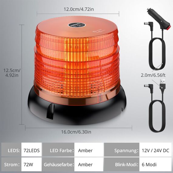 Justech Rundumleuchte Magnet Kabellose LED 6 Blitzmuster Warnleuchte auto Gelbes LED Warnblinklicht 72 LEDs Blitzleuchte mit E57-Zulassung IP65 wasserdicht Warnblinkleuchte mit Magnetfuß für Fahrzeuge