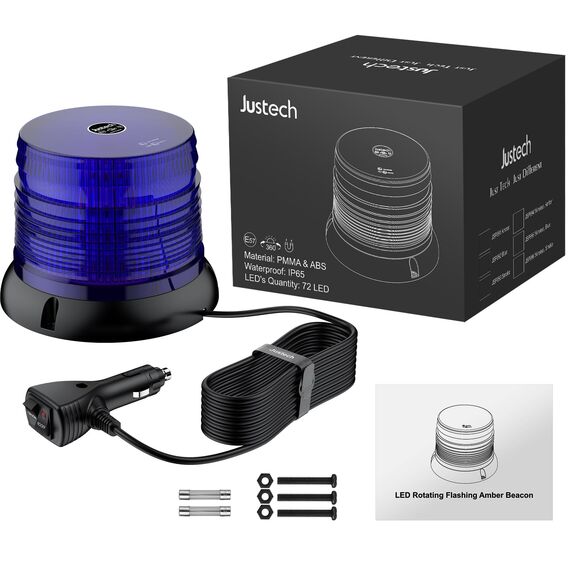Justech 72LED Warnleuchten Notbeleuchtung Blau Rundumleuchte 16x16x12.5cm Blitzleuchte 6 Blitzmuster mit Zigarettenanzünde + 5m Netzkabel 12/24V Notfallblinklampe Magnetfuß mit E57 Zulassung
