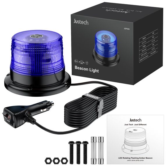Justech 40 LEDs Rundumleuchte 360° Blau Warnleuchte Blitzleuchte 7 modus mit 5m Netzkabel Doppelter Schraube 12V / 24V Warnlicht mit Magnetfuß Notfallblinklampe Magnet Blau Licht für Auto LKW Anhänger