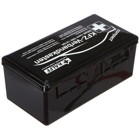 Kalff 23503 Auto Verbandskasten Kompakt Din 13164, Kfz Erste Hilfe Set, Box für Kofferraum, Notfall Zubehör für Pkw, Motorrad, Schwarz