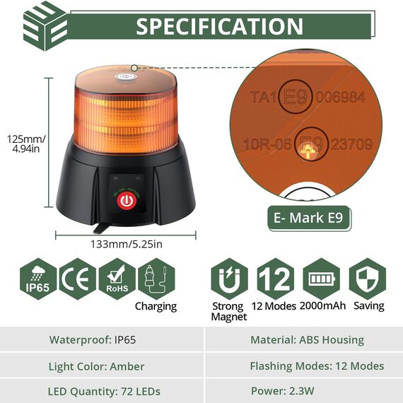 EYPINS Rundumleuchte akku, 12 Blitzmuster Warnleuchte 72 Led Orange Warnlicht Magnet Blinkleuchte Strobe Beacon Light 12V/24V mit Autoladekabel ür Auto LKW KFZ Truck Traktor Lieferwagen| E9 IP65