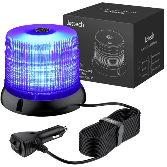 Justech 72LED Warnleuchten Notbeleuchtung Blau Rundumleuchte 16x16x12.5cm Blitzleuchte 6 Blitzmuster mit Zigarettenanzünde + 5m Netzkabel 12/24V Notfallblinklampe Magnetfuß mit E57 Zulassung