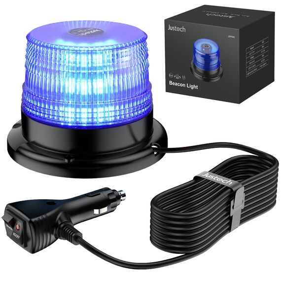 Justech 40 LEDs Rundumleuchte 360° Blau Warnleuchte Blitzleuchte 7 modus mit 5m Netzkabel Doppelter Schraube 12V / 24V Warnlicht mit Magnetfuß Notfallblinklampe Magnet Blau Licht für Auto LKW Anhänger