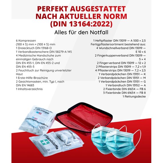 Thomatex® KFZ Verbandstasche 2026/2027 [DIN 13164-2022] – Kompakter Verbandskasten – Lange Haltbarkeit – Erste-Hilfe-Set, StVO-konform – Rot