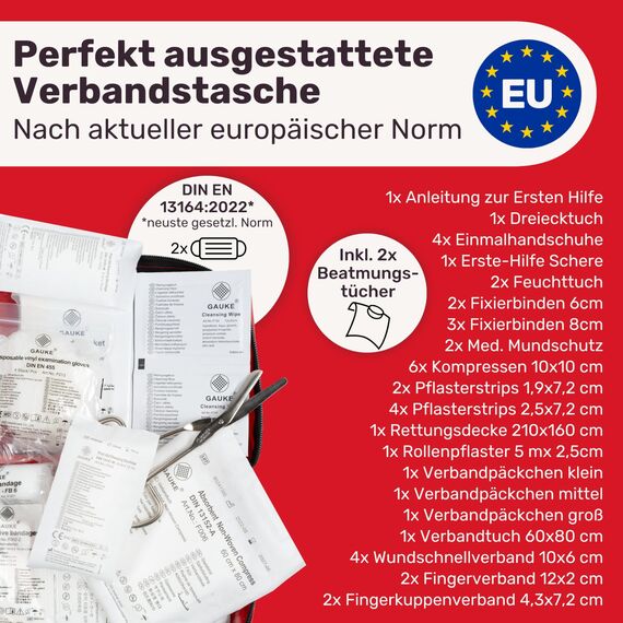 KFZ Verbandstasche nach aktueller Norm 2026 inkl. Beatmungstüchern - KFZ Verbandskasten europaweit nutzbar - Erste Hilfe Set Verbandkasten DIN 13164:2022 (StVO konform)