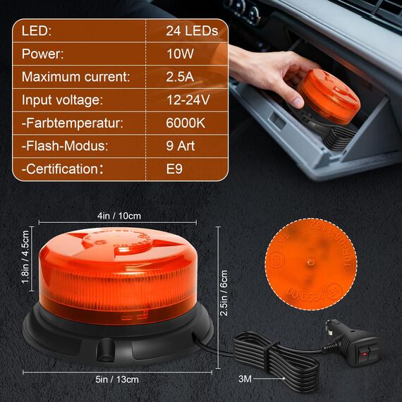 Dinfu LED Rundumleuchte Gelb Warnleuchte Orange 12V LED Rundumkennleuchte mit magnetischem und 9 Modes für Auto Traktor UTV Anhänger SUV J-eep KFZ LKW