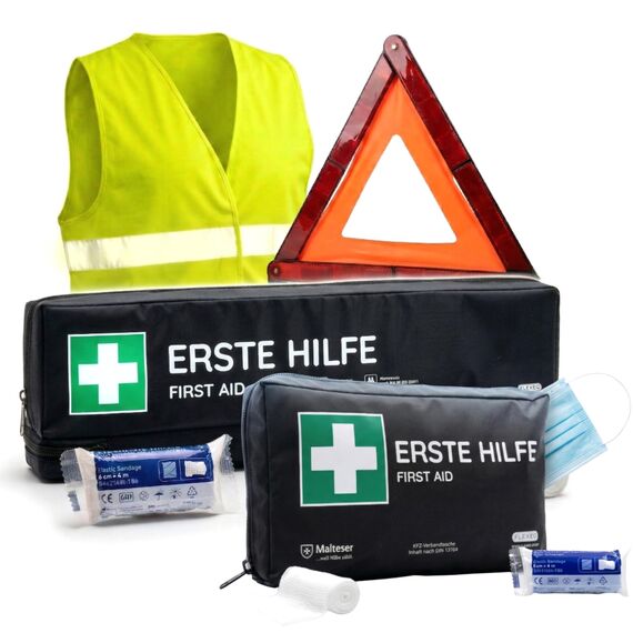 KFZ-Verbandtasche inkl. Warndreieck und Warnweste nach aktueller DIN 13164:2022 | Gültig für 2026 | Verbandkasten/Erste Hilfe Set für PKW/Auto/Motorrad (KFZ-Verbandtasche einfach + lang)