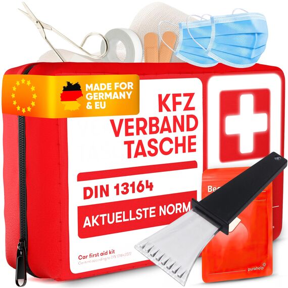 PURAHELP KFZ Verbandskasten nach aktueller Norm 2026 DIN 13164 (StVO konform) + Eiskratzer - Inkl. Beatmungstuch - Erste Hilfe Set Auto Verbandskasten 2026