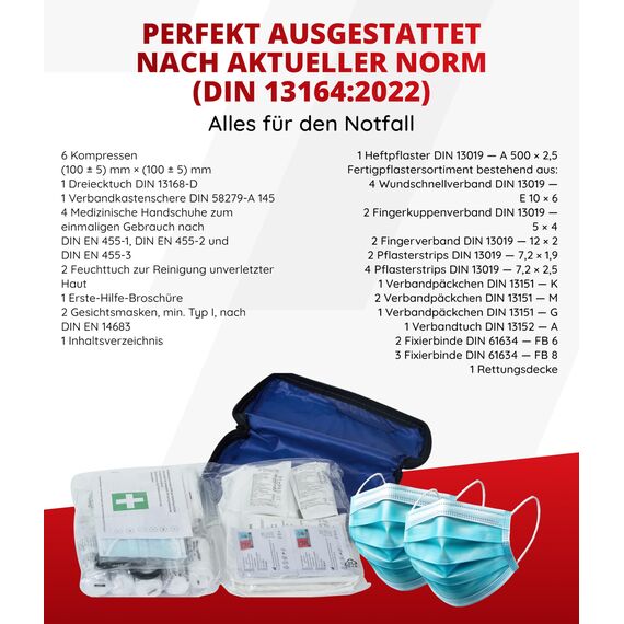 Thomatex® KFZ Verbandstasche 2026/2027 [DIN 13164-2022] – Kompakter Verbandskasten – Lange Haltbarkeit – Erste-Hilfe-Set, StVO-konform – Blau
