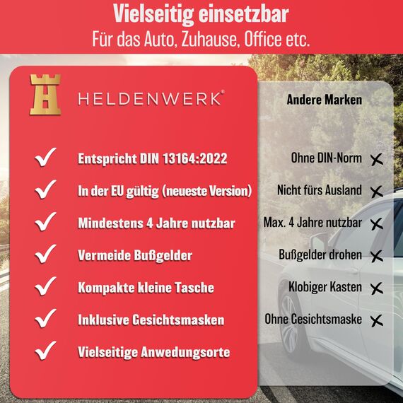HELDENWERK Auto Verbandskasten 2026 europaweit einsetzbar & geprüft (StVO konform) - KFZ Erste-Hilfe-Set Verbandskasten DIN 13164 zertifiziert - PKW Verbandkasten Tasche, Erste Hilfe Kasten