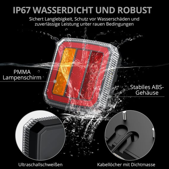 Justech 2er 40LEDs Anhänger Rückleuchten mit 7,35m Kabel und 7-Pol-Stecker 12V Rückfahrleuchten Rücklicht mit 4 Funktionen, IP65 Kennzeichenleuchte Bremsleuchte für Anhänger LKW Wohnwagen E-Zeichen
