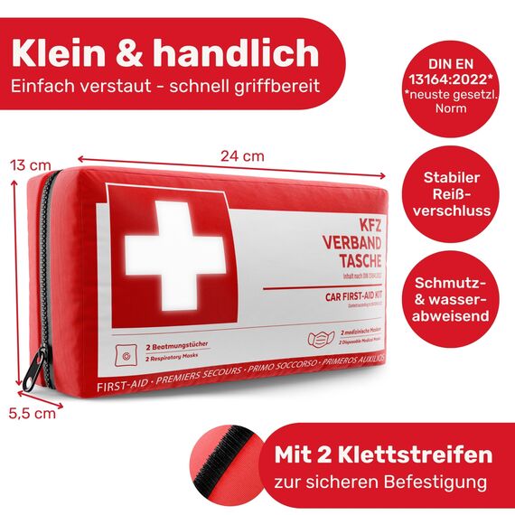 KFZ Verbandstasche nach aktueller Norm 2026 inkl. Beatmungstüchern - KFZ Verbandskasten europaweit nutzbar - Erste Hilfe Set Verbandkasten DIN 13164:2022 (StVO konform)