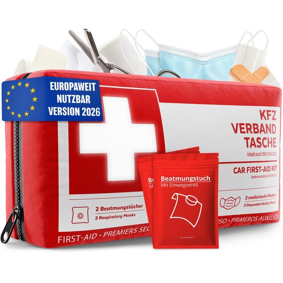 KFZ Verbandstasche nach aktueller Norm 2026 inkl. Beatmungstüchern - KFZ Verbandskasten europaweit nutzbar - Erste Hilfe Set Verbandkasten DIN 13164:2022 (StVO konform)