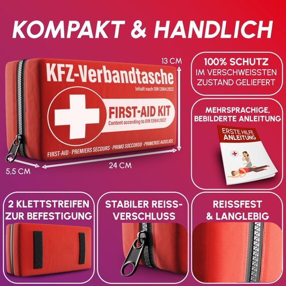 KFZ Verbandstasche nach aktueller Norm 2026 inkl. Beatmungstuch - Auto Verbandskasten europaweit nutzbar - Erste Hilfe Set neue Norm DIN 13164:2022 (StVO konform)