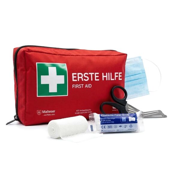 FLEXEO KFZ-Verbandtasche nach aktueller DIN 13164 | Europaweit gültig, gemäß StVZO | inkl. 2 med. Gesichtsmasken | Erste Hilfe Tasche, Set, Verbandskasten, Auto, PKW | Rot