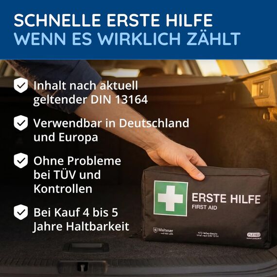 FLEXEO KFZ-Verbandtasche nach aktueller DIN 13164 | Europaweit gültig, gemäß StVZO | inkl. 2 med. Gesichtsmasken | Erste Hilfe Tasche, Set, Verbandskasten, Auto, PKW | Schwarz