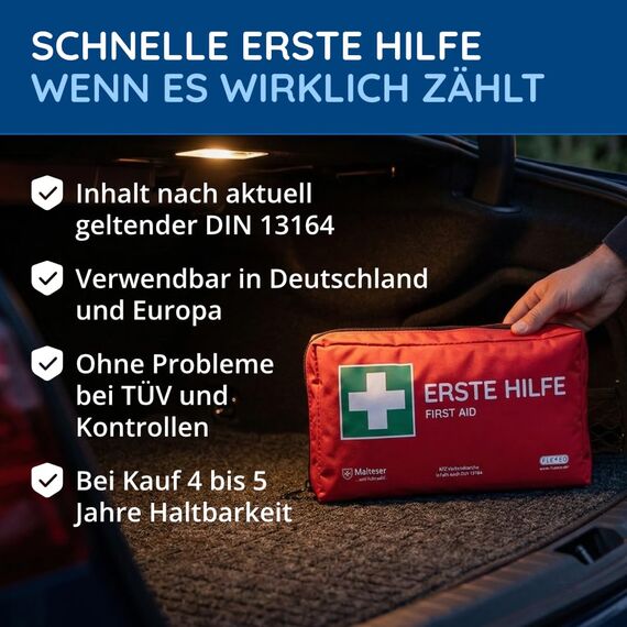 FLEXEO KFZ-Verbandtasche nach aktueller DIN 13164 | Europaweit gültig, gemäß StVZO | inkl. 2 med. Gesichtsmasken | Erste Hilfe Tasche, Set, Verbandskasten, Auto, PKW | Rot