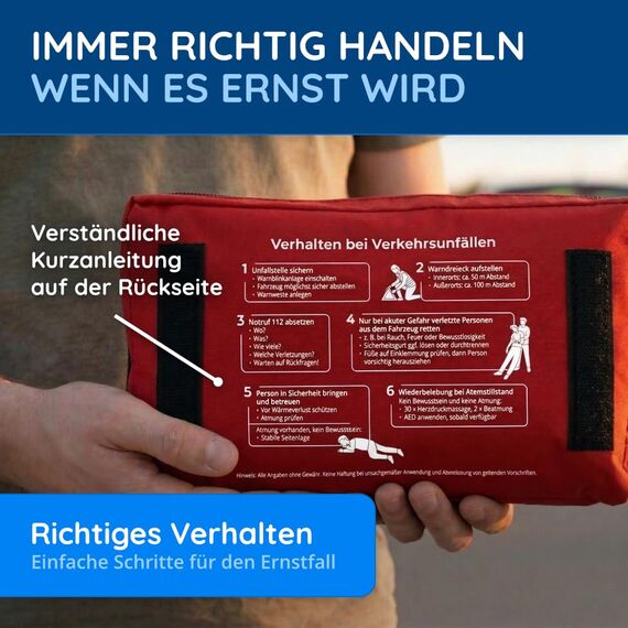 FLEXEO KFZ-Verbandtasche nach aktueller DIN 13164 | Europaweit gültig, gemäß StVZO | inkl. 2 med. Gesichtsmasken | Erste Hilfe Tasche, Set, Verbandskasten, Auto, PKW | Rot