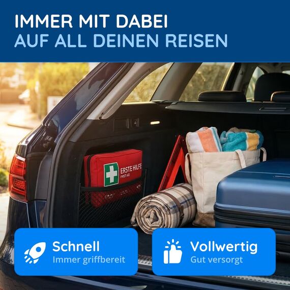 FLEXEO KFZ-Verbandtasche nach aktueller DIN 13164 | Europaweit gültig, gemäß StVZO | inkl. 2 med. Gesichtsmasken | Erste Hilfe Tasche, Set, Verbandskasten, Auto, PKW | Rot