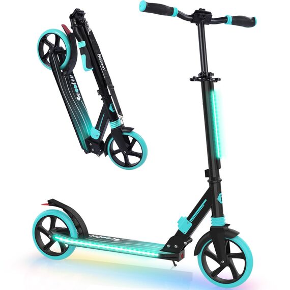 BELEEV Big Wheel Scooter mit LED Leuchtenden Lenksäule, Deck, Höhenverstellbar, ABEC-9, 200mm Räder,Federung,Tragegurt, Faltbare Cityroller Kinder ab 6 Jahre,Jugendliche,Erwachsene, Tretroller