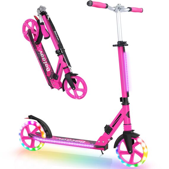BELEEV Big Wheel Scooter mit LED Leuchtenden Lenksäule, Deck, Wheels, Höhenverstellbar, ABEC-9, 200mm Räder,Federung,Tragegurt, Faltbare Cityroller Kinder ab 6 Jahre,Jugendliche,Erwachsene, Tretroller