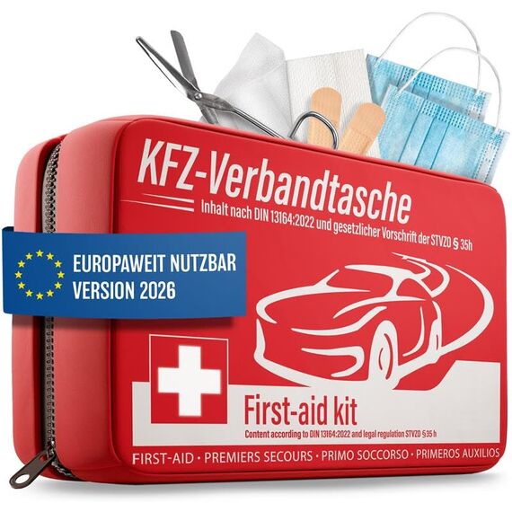 HELDENWERK KFZ Verbandstasche nach aktueller Norm 2026 - Europaweit Nutzbar - Erste Hilfe Set Auto Verbandskasten DIN 13164:2022 (StVO konform)